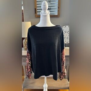 Wonderly Black Knit Top With Patterned Sleeves